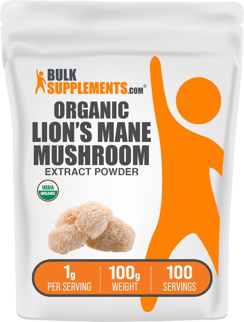 BulkSuplements.com Extrato de Cogumelo de Mane de Leão Orgânico Pó - Leões Mane Suplemento Pó, Superalimento para Bem-Estar - Vegan, 1g por Serviço, 100g (3,5 oz) (Pacote de 1)