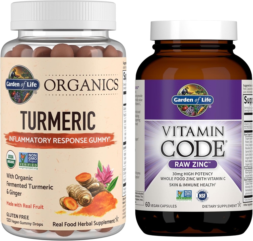 Jardim da vida Orgânicos Turmeric Inflamatory Response Gummy, 120ct & Vitamina Código de alta potência Zinco cru, 60ct