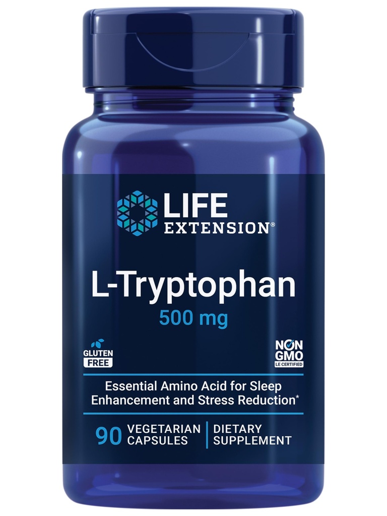 Extensão de vida L-Tryptophan, 500 mg, Incentiva níveis de serotonina saudável e promove sono saudável, humor, resposta ao estresse e saciedade, sem glúten, não-GMO, vegetariano, 90 cápsulas