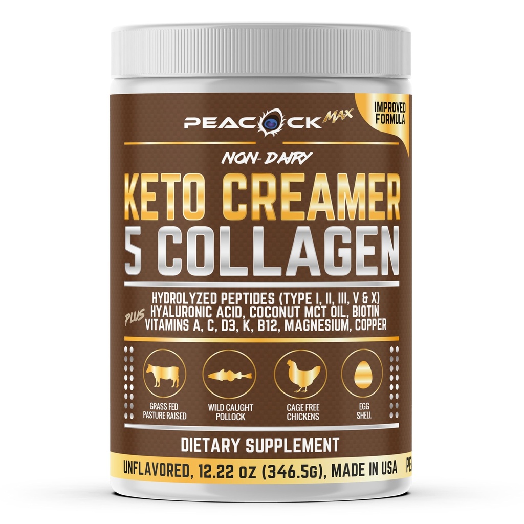 Colágeno Keto Creamer de café Pó 12,2 oz - Hidrolisado Colágeno Peptídeos com óleo de coco MCT, B12, Magnésio, Pó de proteína não aromatizado, Creme de café sem açúcar para smoothies & Baking