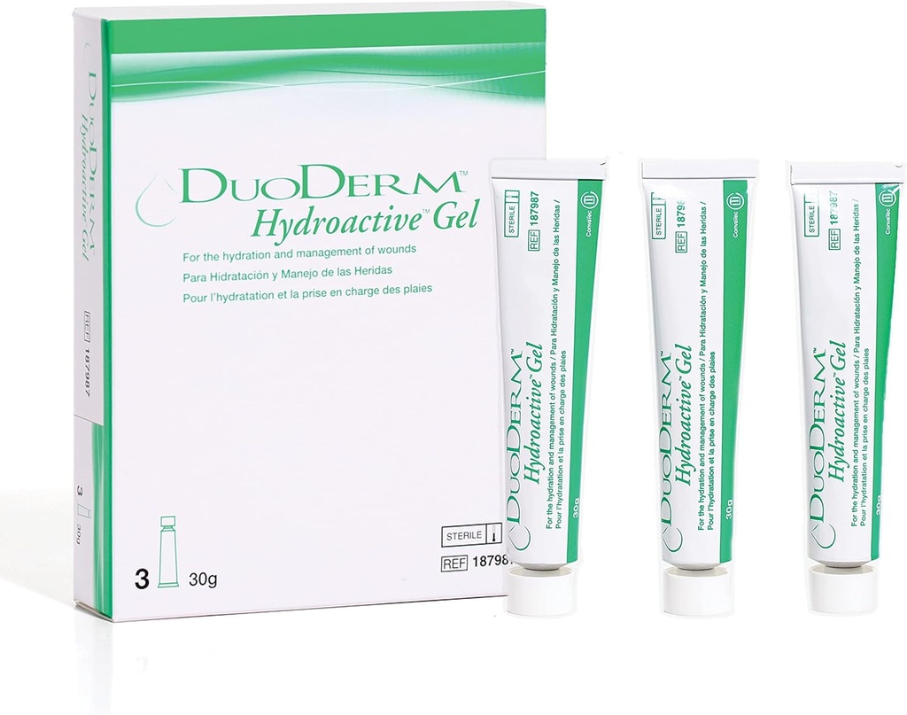 ConvaTec DuoDERM Hydroactive Sterile Gel, 30 Grams Tube for Management of Parcial and Full-Thickness Wounds, Aids Autolytic Debridement, 187987, Box of 3 Tubes