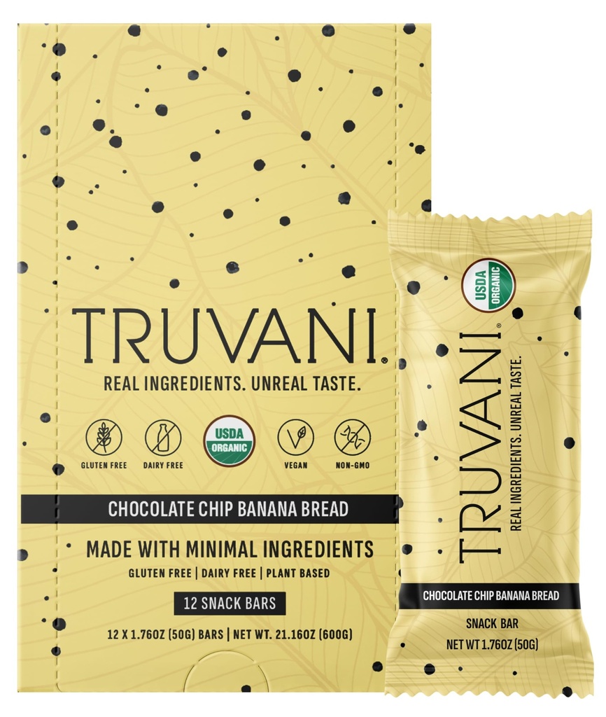 Truvani planta baseado Snack Bares de Chocolate Chip Banana Pão 12 Pacote    , 5g de proteína , USDA orgânico e Vegan , , O único bar , leite, soja, e glúten grátis , Individualmente embrulhado