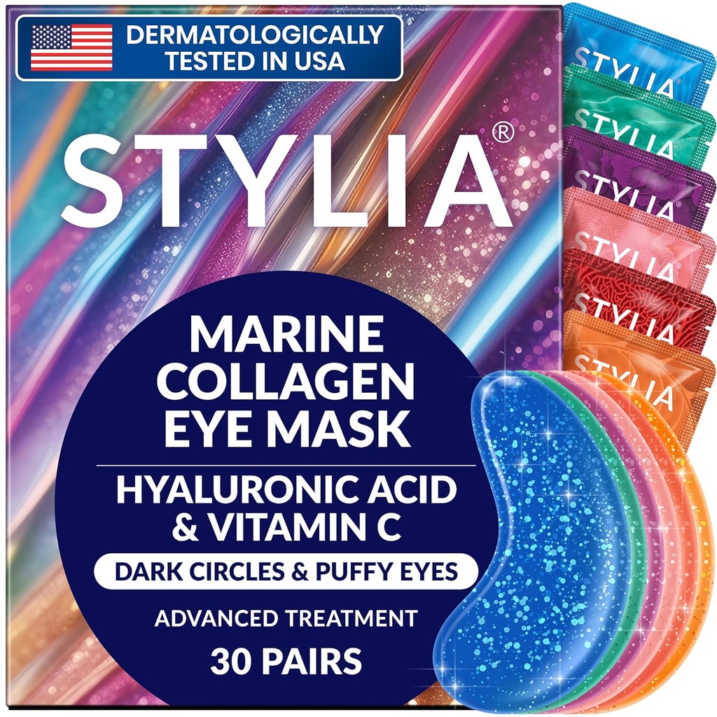 Stylia Colágeno & Vitamina C Sob Olhos Patches para Olhos Puffy & Círculos Negros - Decapagem, Hidratação e Firme Sob Máscara Ocular com Ácido Hialurônico - Vegan, Cuidados de pele sem crueldade (30 pares)