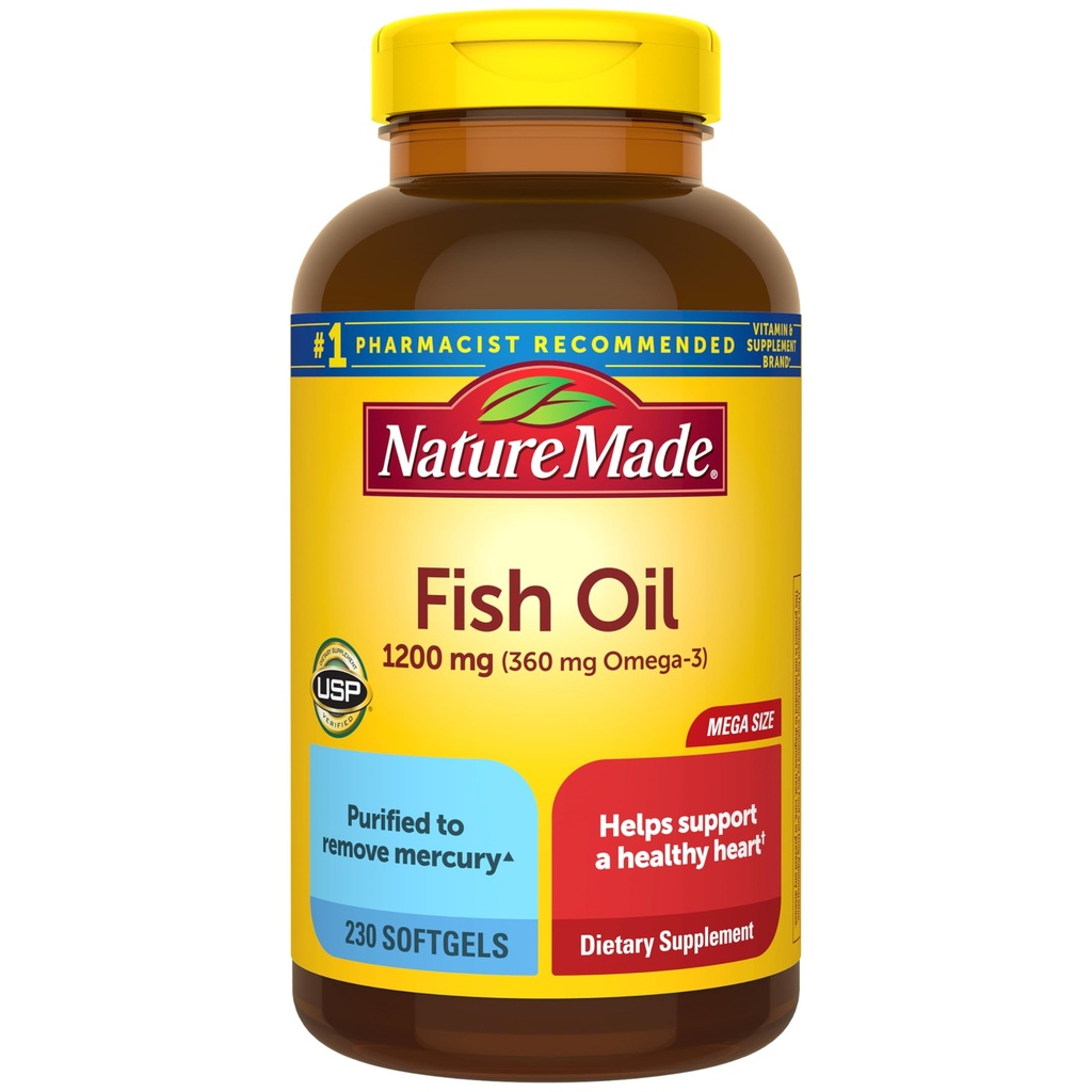 Nature Made Fish Oil Omega 3 Suplementos, 1200 mg Softgels, Omega 3 Fish Oil for Healthy Heart Support, 230 Softgels, 115 dias de fornecimento