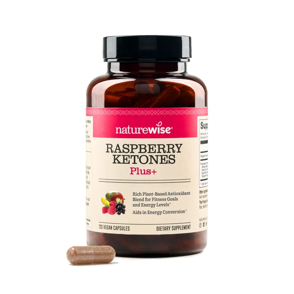 NaturezaWise Framboesa Cetones Plus - W / Extrato de chá verde, Cayenne Pepper, & Acai Berry - Suporta saúde antioxidante, Níveis de energia, Objetivos de Peso - Vegan & Gluten-Free - 120 Cápsulas[120-Day Supply]