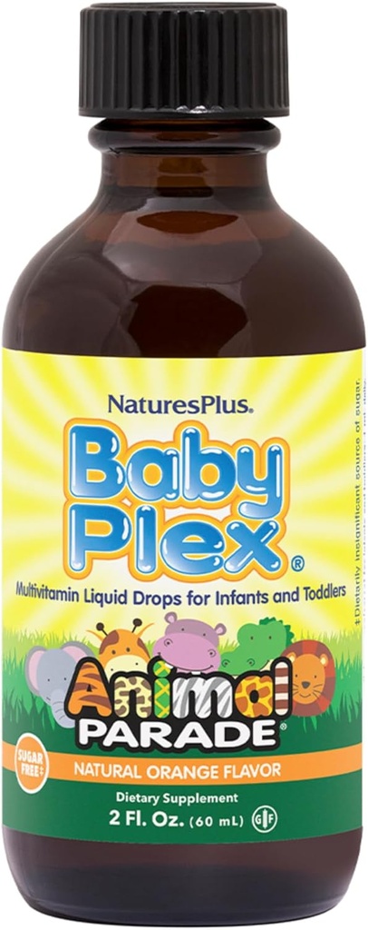 Natural NaturesPlus Animal Parade Baby Plex, Natural Orange Flavor - 2 fl oz, Pack of 2 - Multivitamin líquido para lactentes e crianças - Açúcar livre, sem glúten - 120 Total Servings