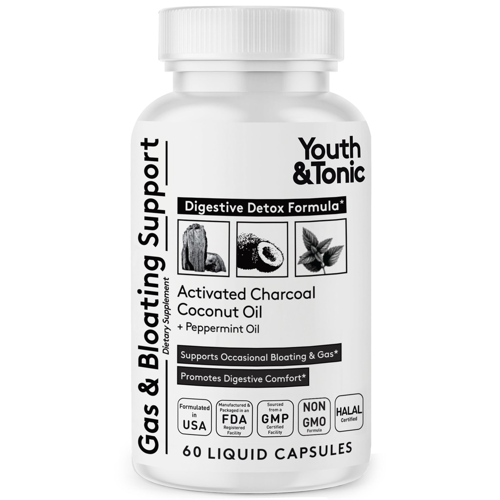 Pílulas de carvão ativados por jovens e tônicos para enchimento e alívio de gás para acalmar o estômago e desintoxicação do sistema digestivo com óleo de coco de hortelã-pimenta e orgânico, para homens e mulheres - 60 Cápsulas Líquidas