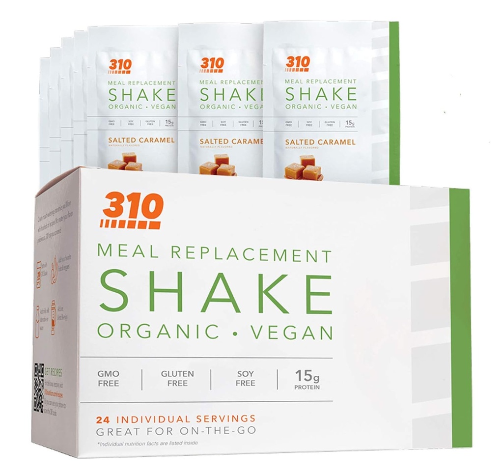 24 CT Organic Shake Box - Vegan Protein Powder and Meal Replacement Shake - By 310 Nutrition - Gluten, Dairy and Soy Free - 0g de açúcar Keto e Paleo Friendly (Carmel salgado)