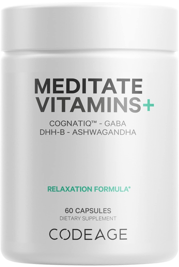 Codeage Medite Vitaminas+ Suplemento - CognatiQ, DHH-B, GABA, Ashwagandha, cogumelos orgânicos, mirtilos - BDNF pílulas cerebrais e neuroproteína - Vegan, Não-GMO, Gluten-Free - 60 Cápsulas