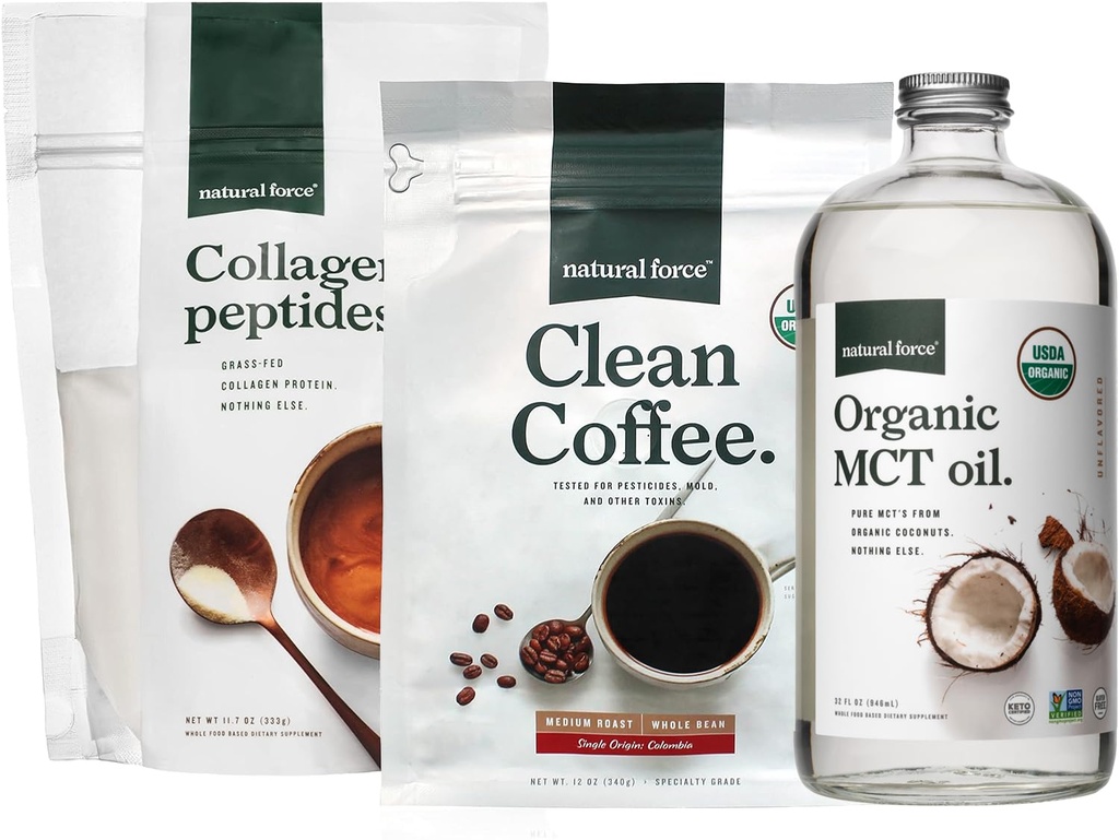 Natural Force Organic Clean Coffee + Collagen Peptides + Organic MCT Oil Bundle – Toxin Free Coffee, Grass Feed Collagen, & MCTs - Non-GMO, Keto, & Paleo - 12 Oz, 11,7 Oz, 32 Oz