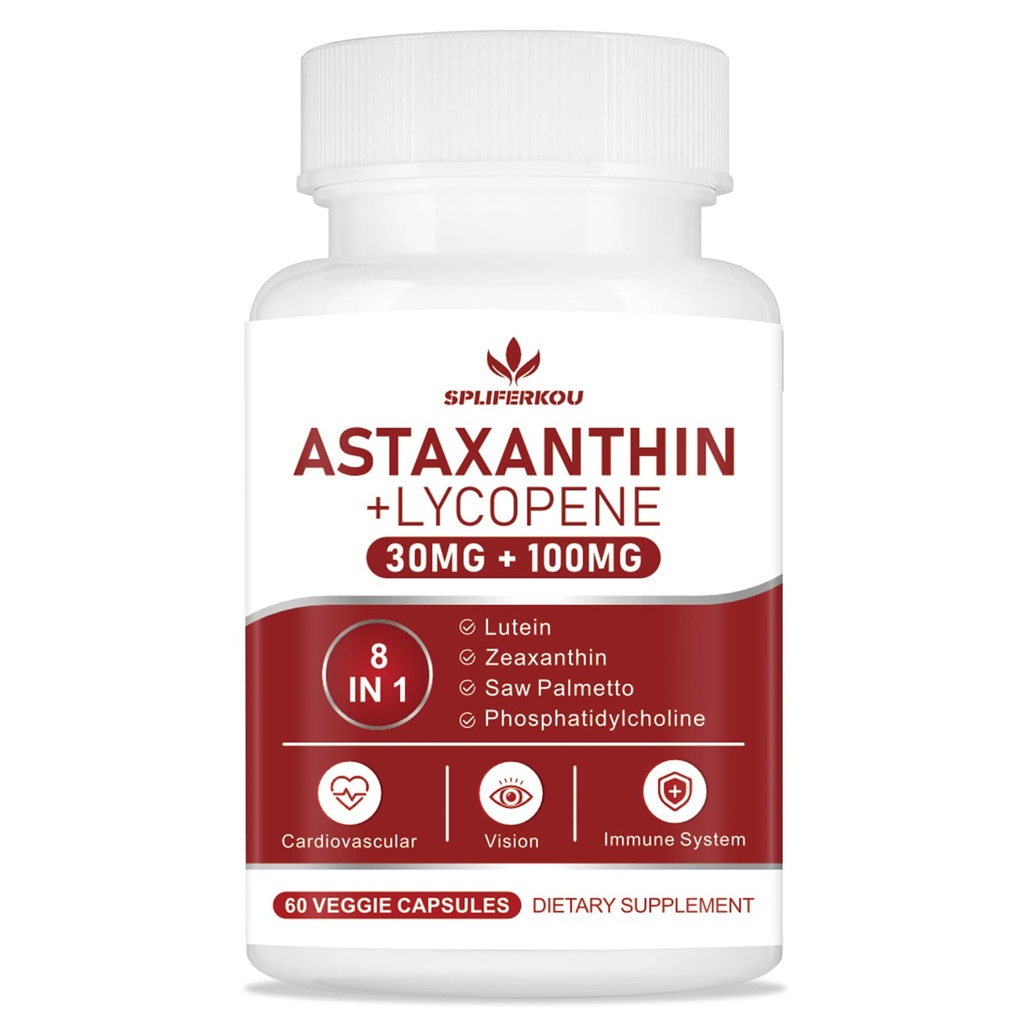 Astaxantina e Licopeno 70mg, Suplemento Astaxantina com Fosfatidilcolina, Luteína e Zeaxantina, Poderosos Antioxidantes Suplementares para Pele, Olho e Saúde Conjunta (60 Cápsulas)