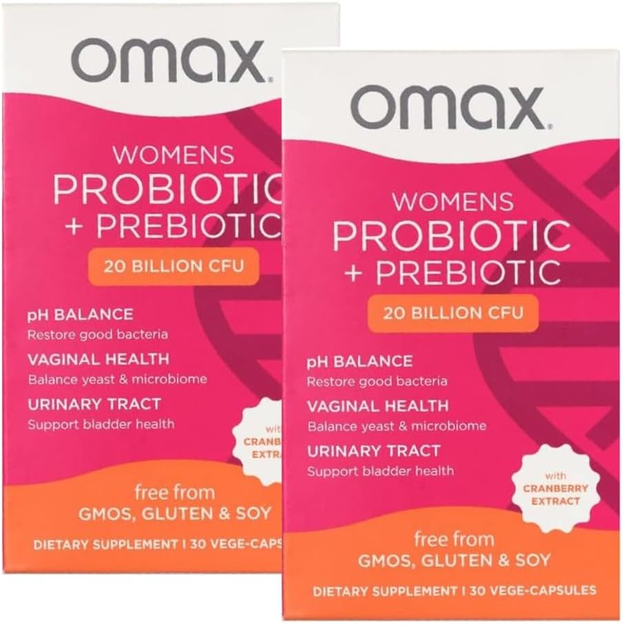 2 Pacote Omax Prebióticos & Probióticos Complexo para Mulheres, pH equilíbrio, Saúde vaginal, Trato urinário, Levedura, ITU/BV Prevenção, Bloating pH 20 bilhões CFU Vegan, Orgânico, Sem glúten, 60 cápsulas Vege
