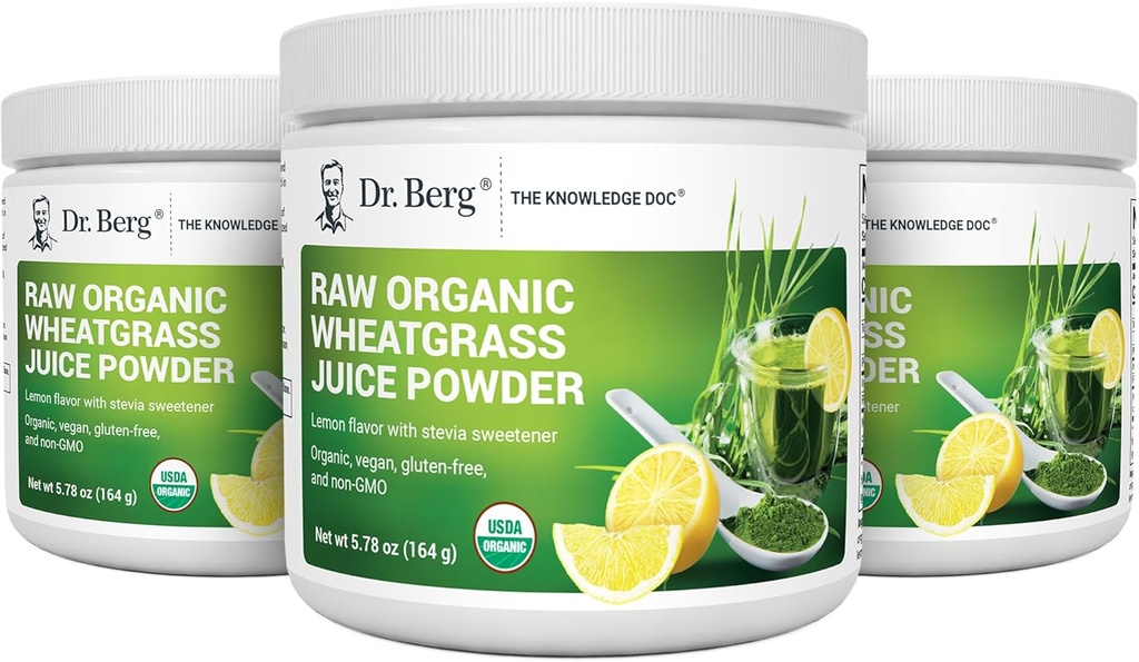 Dr. Berg's Raw Wheatgrass Juice Powder (60 Servings) - USDA Certified Organic Wheatgrass Powder w/ Chlorophyll, Trace Minerals & Natural Enzimas - Ultra- Concentrado - Limão Flavor w/ Stevia 3 Pack