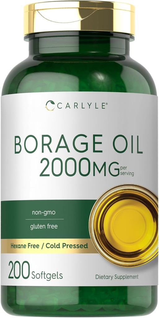 Carlyle Borage Oil Supplement 2000mg 200 Cápsulas de Softgel 320mg de GLA Pressed & Hexane Frio Free .