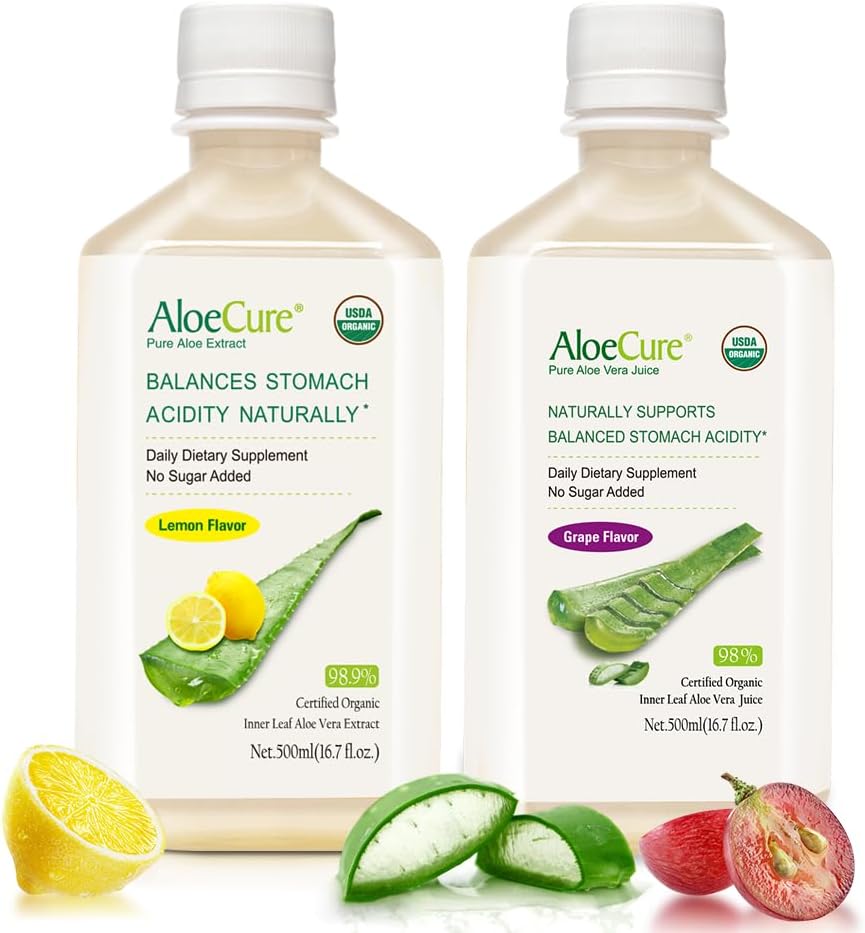 AloeCure Organic Aloe Vera Juice - 2 frasco pacote de amostra - limão e sabor de uva - 2x500ml