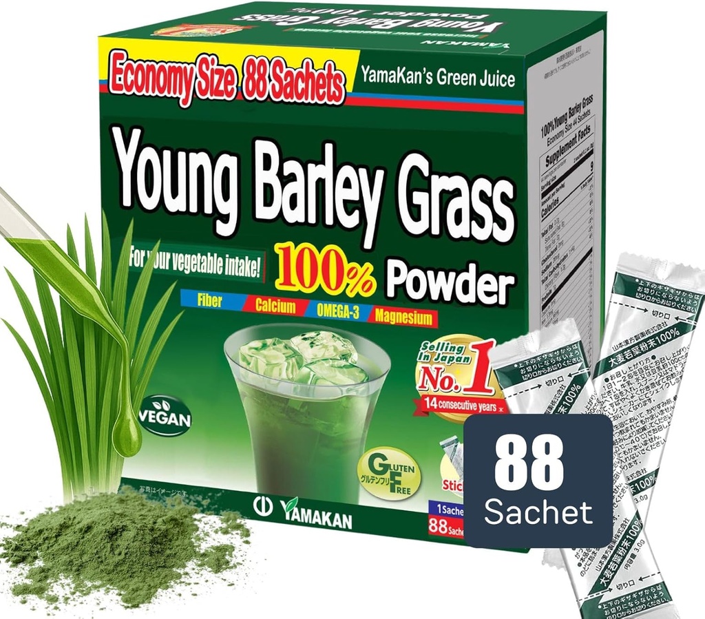 YAMAKAN jovem grama de cevada em pó, Verdes Superfood em pó rico em nutrientes, minerais, vitaminas e proteína baseada em plantas para mulheres e homens, Cevada grama do Japão, Não OGM 88 Conde