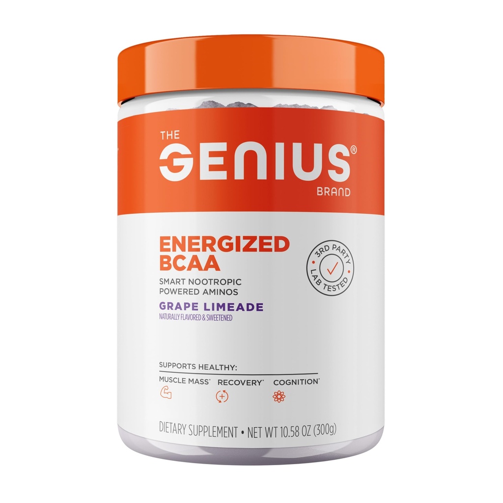 Genius BCAA Pó - 5g Vegan BCAAs L-Glutamina, Cognizin & Rhodiola Muscle Recovery Suporte Energia 100mg Cafeína Pre, Intra, Suplemento Nootrópico pós-trabalho para Foco e Desempenho - Limeada de uva