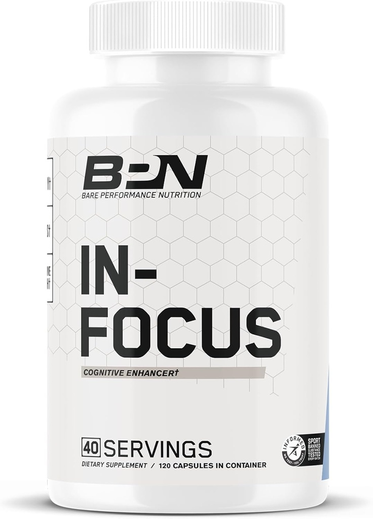 NUTRIÇÃO DE DESEMPENHO NUTRIÇÃO BPN in-Focus Cérebro Suplemento para Memória & Foco Pílulas de cafeína, 1g de L tirosina por serviço + Alpha GPC, 40 Servings, Gluten Free + Vegan