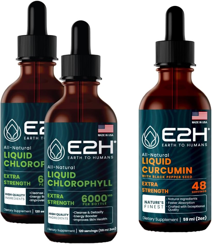 E2H: gotas líquidas de clorofila (2 embalagem - 4 Fl Oz) e curcumina cúrmica líquida (garrafa única - 2 Fl Oz)