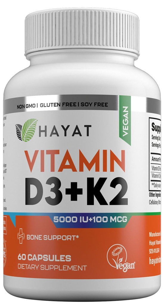 HAYAT Vitaminas Vegan Vitamina D3+K2 (5000 UI + 100 MCG), Suplemento dietético para osso, dentes, músculo e imunossuporte à saúde, 2 meses de fornecimento, Halal certificado, 60 cápsulas, Feito nos EUA