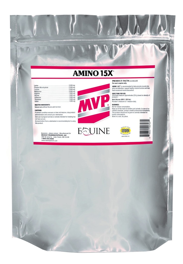 MVP Amino 15X (1.5lb) suporta função muscular saudável, desenvolvimento e recuperação em cavalos.