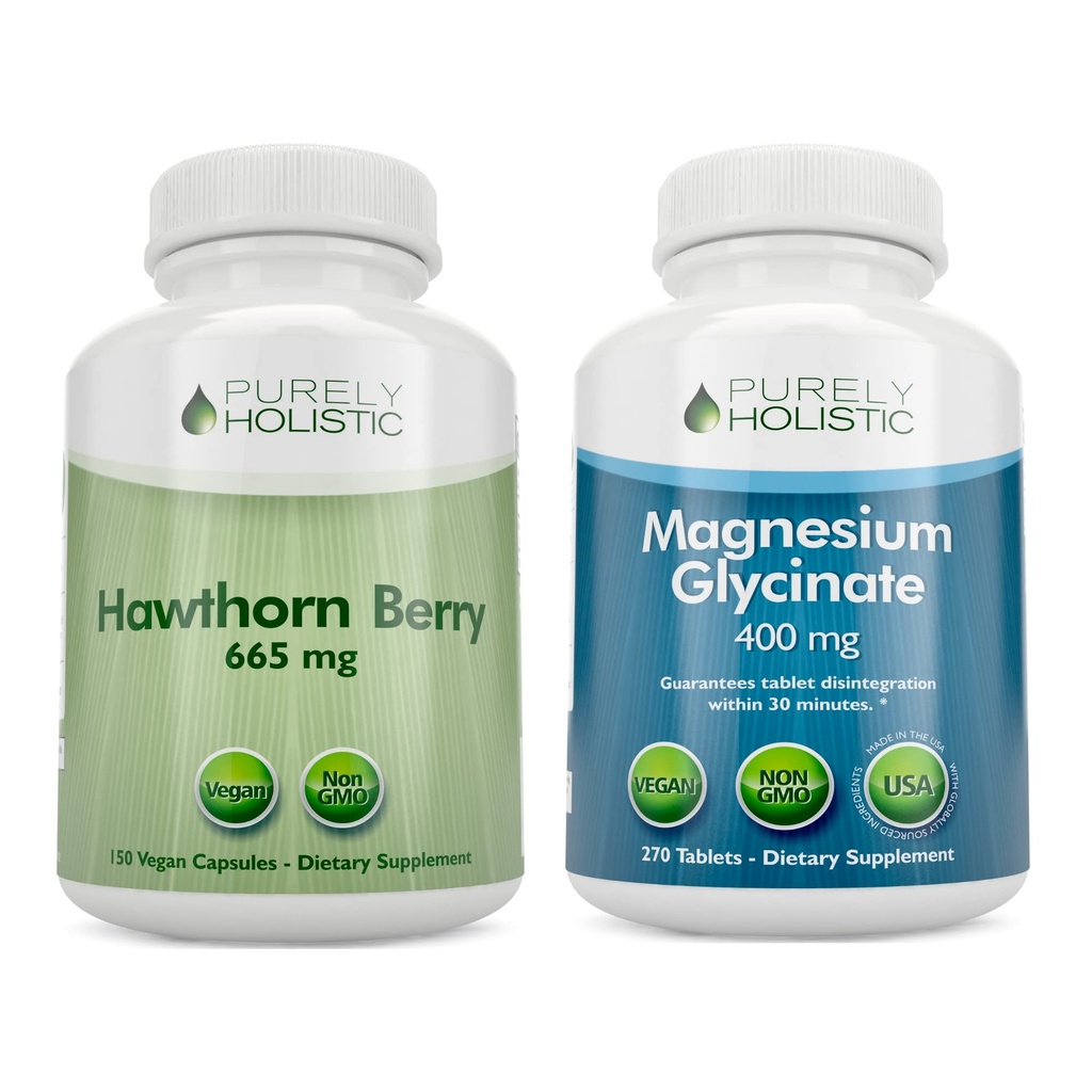 Puramente Holistic Hawthorn Berry 665mg + Magnésio Glycinate 400mg + 150 Cápsulas & 270 Comprimidos - Vegan Bundle - Made in the USA