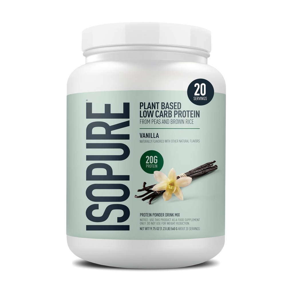 Pó de proteína à base de isopure, sem lactose, sem glúten, com ferro, baunilha, 20g de proteína vegetal por serviço, 1,23 lbs, 20 servimentos