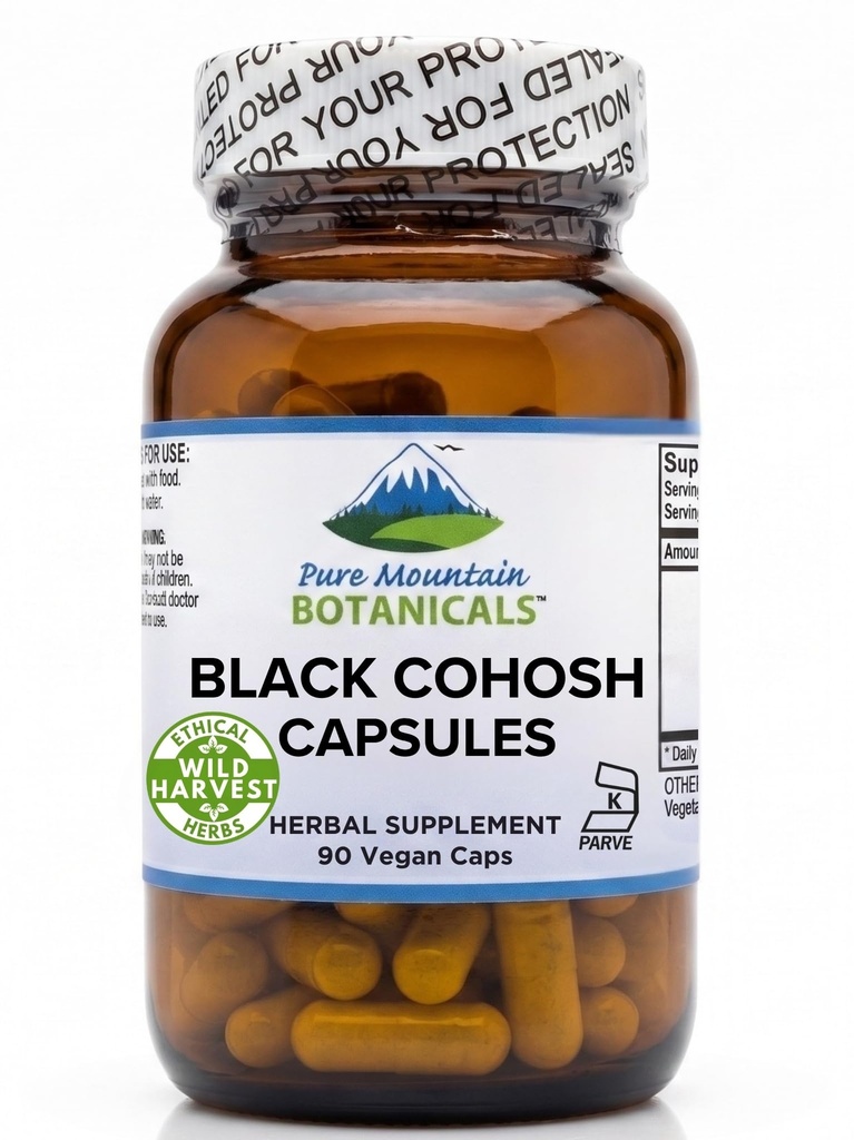 Pure Mountain Botanicals Black Cohosh Cápsulas - 90 Kosher Vegan Caps - Agora com 500mg Wild Black Cohosh Root - Naturezas Suporte para menopausa