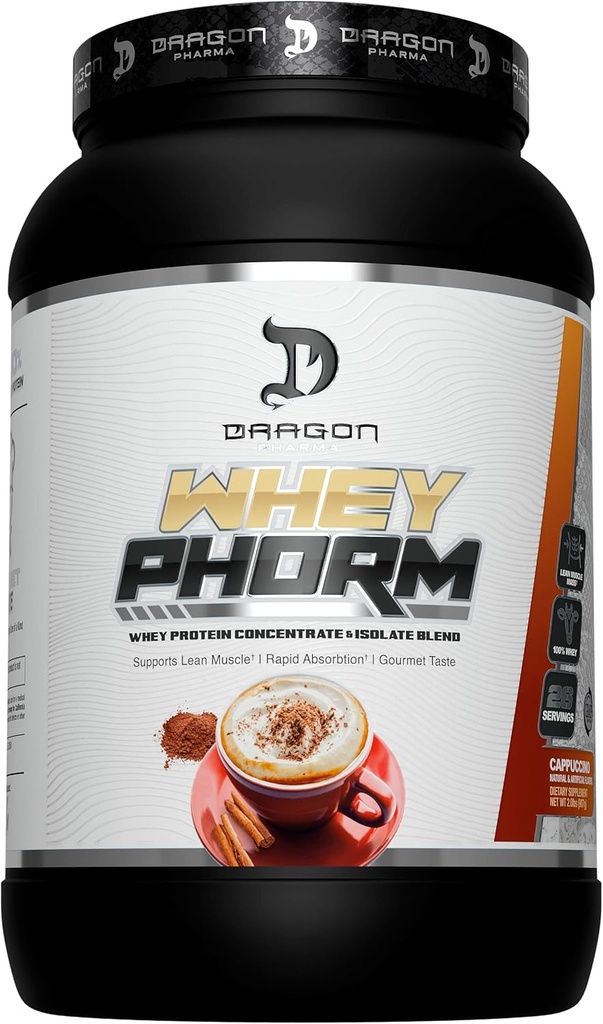 DRAGON PHARMA Whey Protein Blend, Fast Absorction, Gluten Free, 100% Whey Protein, WheyPhorm, Maximize Recovery, Great Tasting, 25 Grams of Protein (26 Servings, Cappuccino)