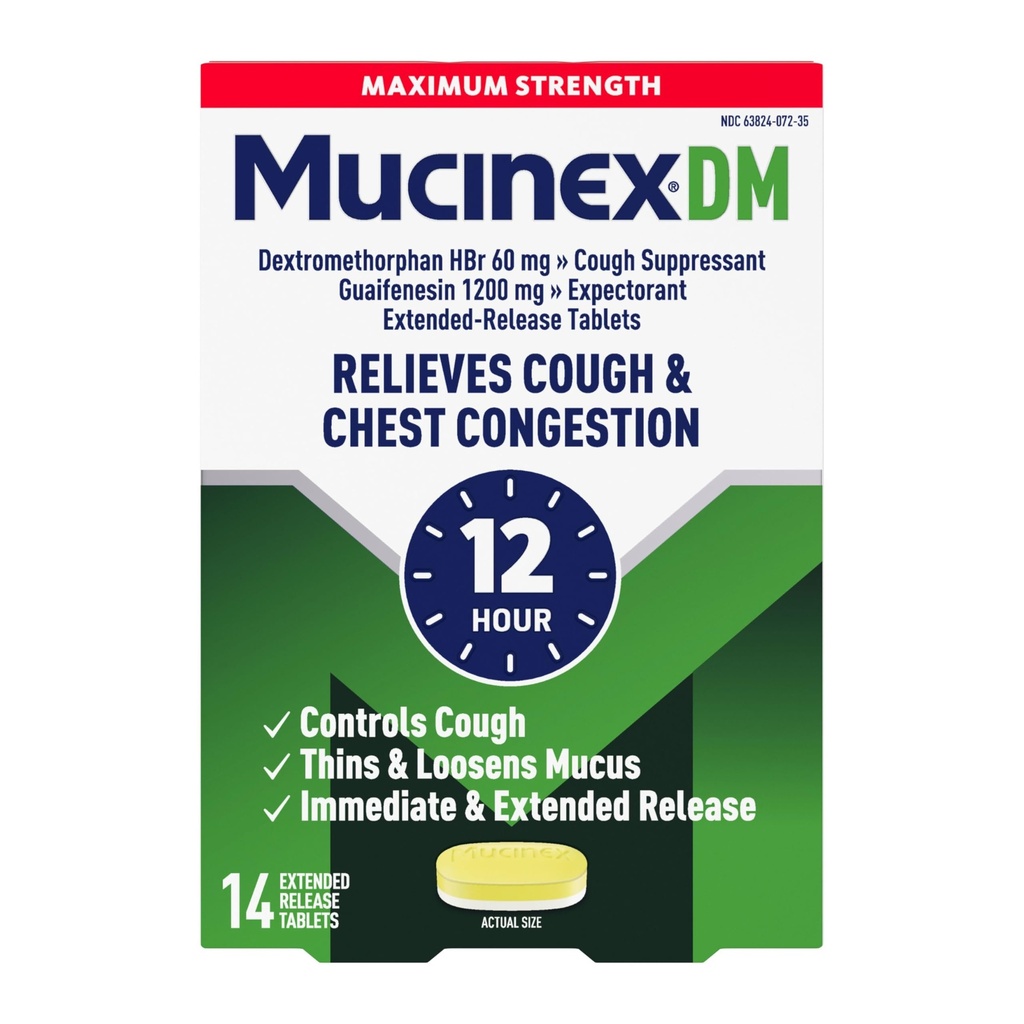 Tosse Supressora e Expectorante, Mucinex DM Força máxima de 12 horas Comprimidos, 14ct, 1200 mg Guaifenesina, Alivia Congestão do Peito, Quiets Wet e seca Tosse, 1 Médico recomendado Expectorante OTC