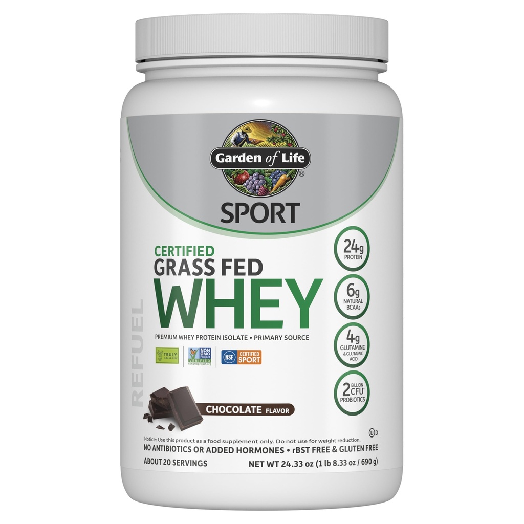 Garden of Life Sport Whey Protein Powder Chocolate, Premium Grass Fed Whey Protein Isolate Plus Probióticos para a saúde do sistema imunológico, 24g Protein, Non GMO, Gluten Free, Cold Processed - 20 Servings
