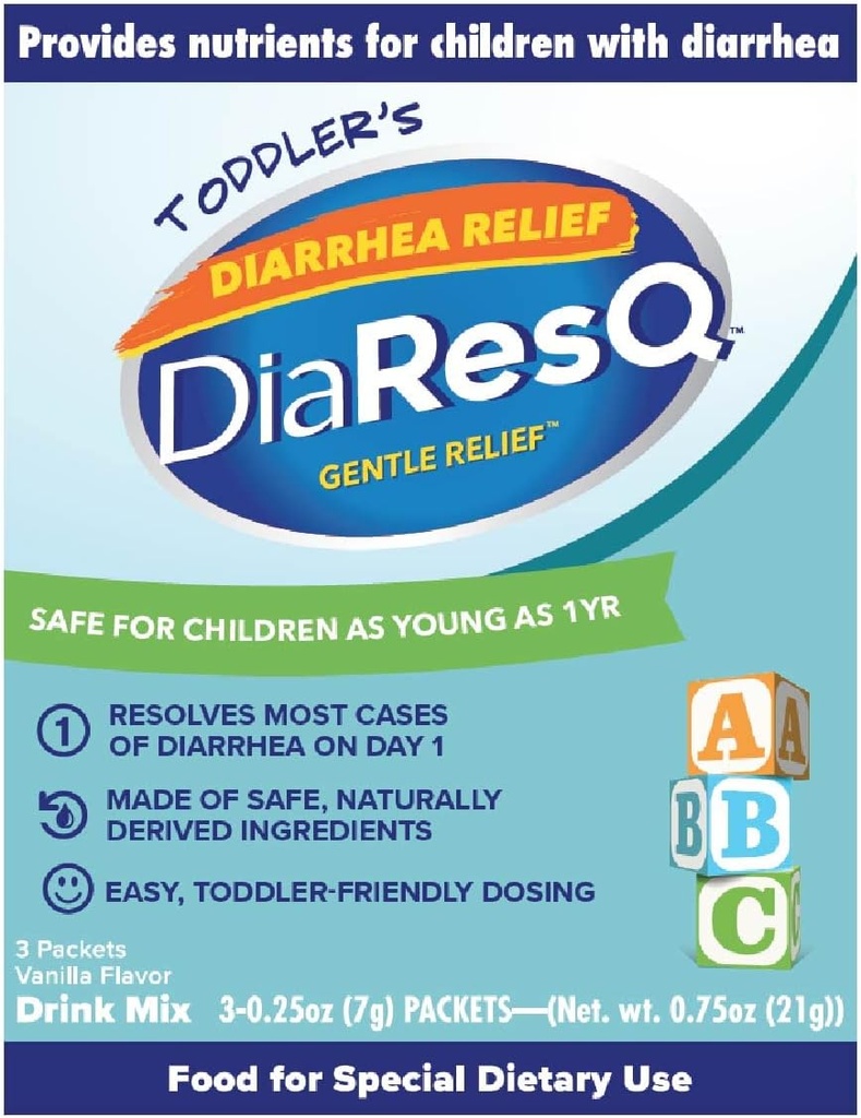 DiaResQ Diarrhea & Imune Suporte Colostro Drink Mix para crianças (1+ Anos) Pacote de 3, alívio suave, ajuda a restaurar a função intestinal normal, antibiótico e sem drogas, sem glúten, sabor de baunilha