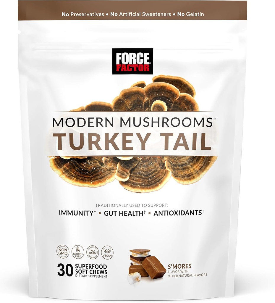 FORCE FACTOR Cogumelos modernos mastigação suave, Turquia cauda Mushroom Suplemento para apoiar a imunidade, saúde digestiva, e Vitalidade, Antioxidantes Suplemento, Delicious S’Mores sabor, 30 mastigação suave