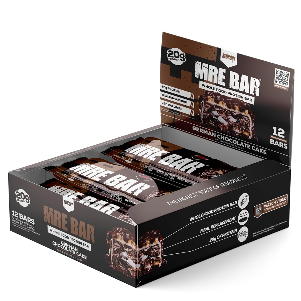 REDCON1 MRE Protein Bar, bolo de chocolate alemão - contém óleo MCT + 20g de proteína alimentar inteira - facilmente digestível, Macro balanceado baixo açúcar Bar de substituição (12 barras)