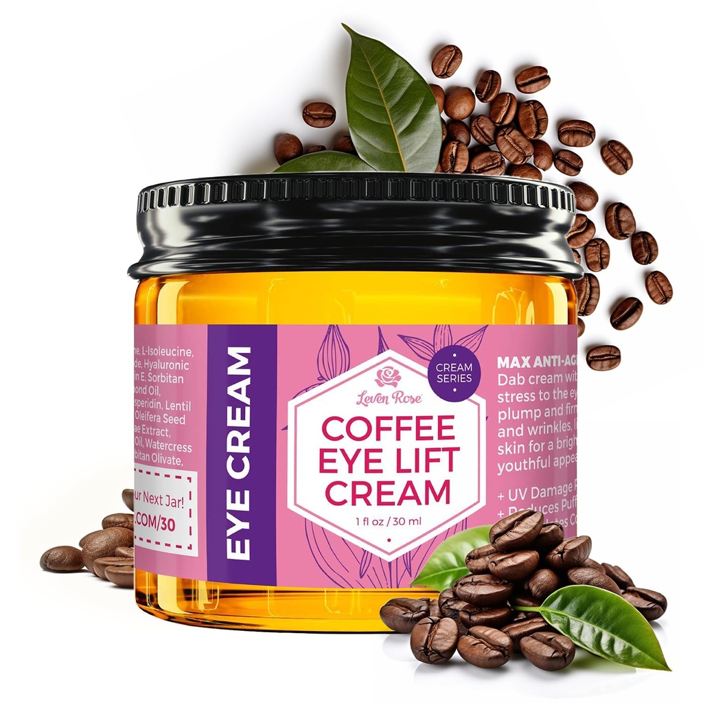 Leven Rose Lifting creme de olho de café com cafeína 1 oz - solução natural para círculos escuros e Puffiness - Firming anti-envelhecimento sob tratamento ocular