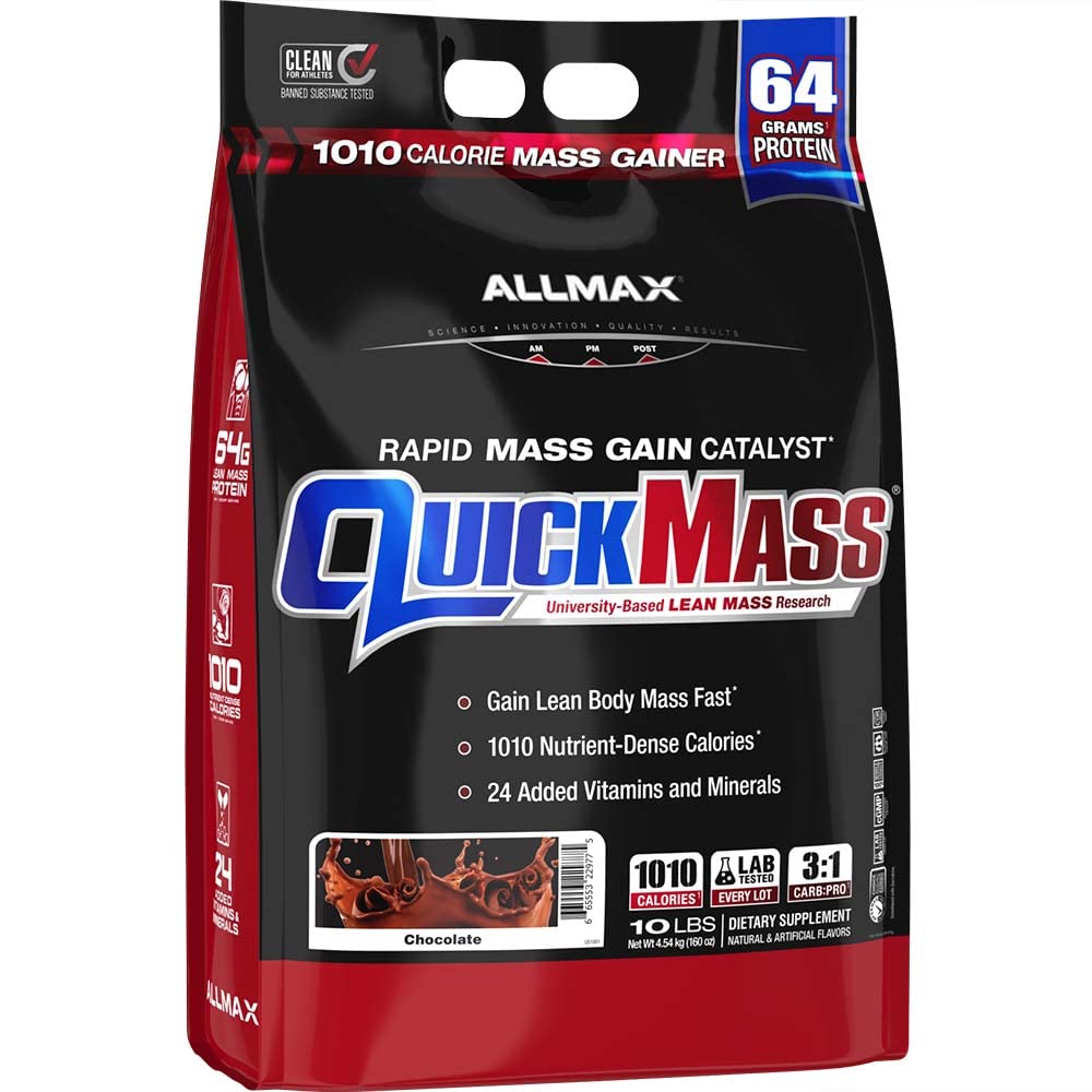 ALLMAX QUICKMASS, Chocolate - 10 lb - Catalisador de ganho de massa rápido - até 64 gramas de proteína por serviço - 3:1 Carb to Protein Ratio - Zero Trans Fat - até 70 Servings