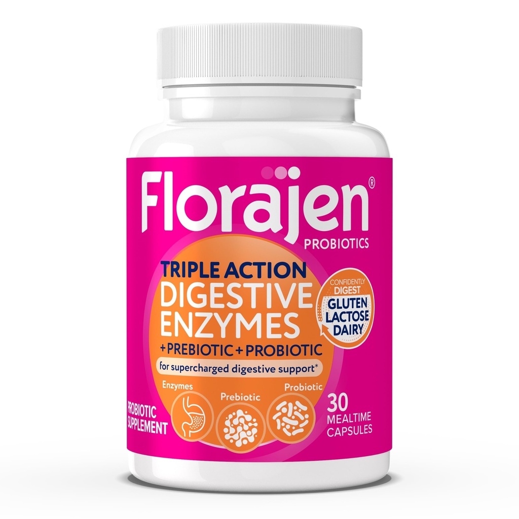 Enzimas Digestivas Florajen com Probióticos e Prebióticos - Fórmula de ação tripla para a saúde do intestino, Bloating, e alívio de gás - Suporta digestão de glúten e leite - Limpo, Não-GMO - 30-Conta