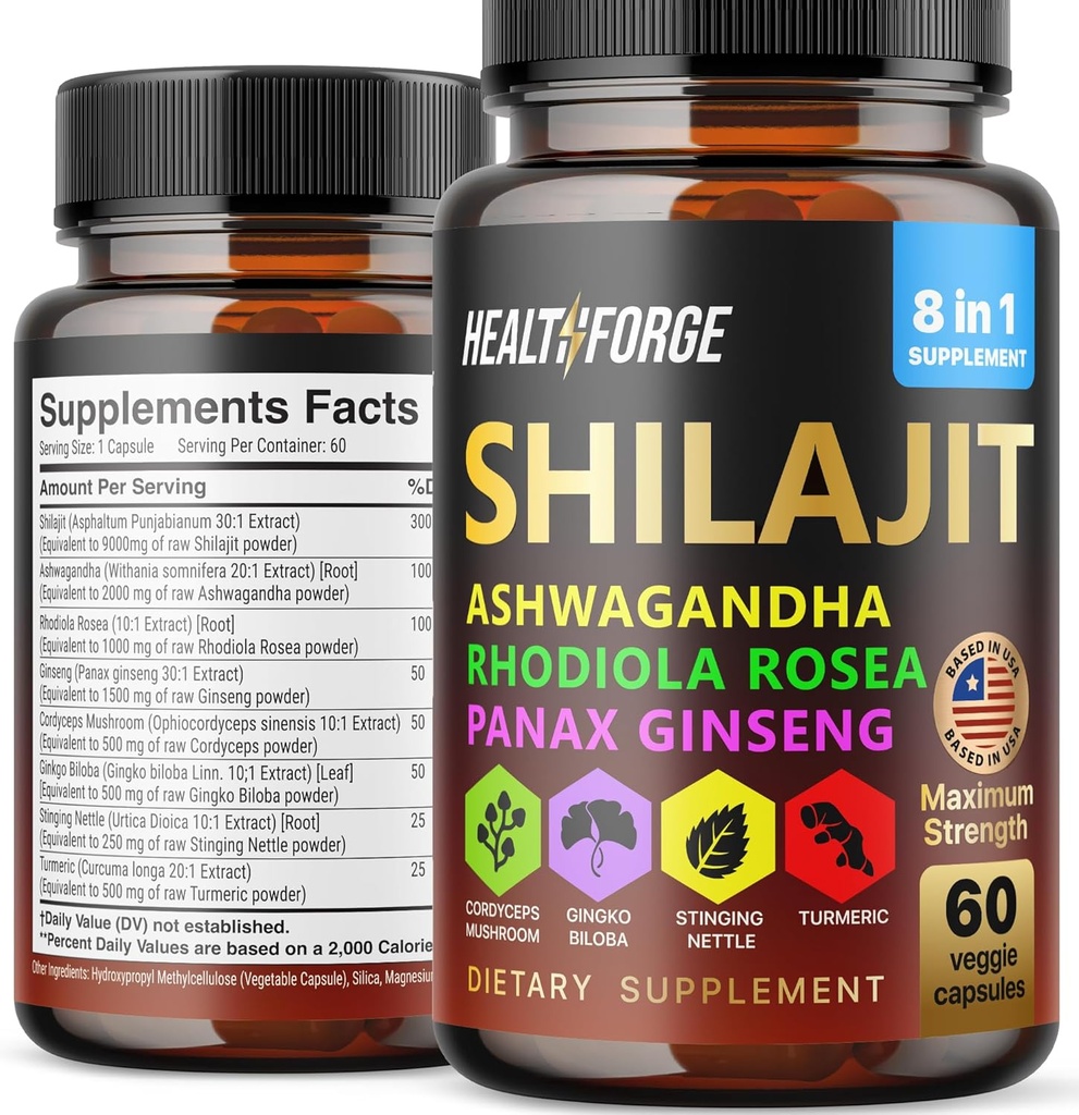 Cápsulas Shilajit Organic Extract Blend 60 Cápsulas para Homens e Mulheres - Suplemento Shilajit 9000mg Ashwagandha, Immune Support Supplement 2000mg Rhodiola Supplement, Ginko Ginkgo Biloba