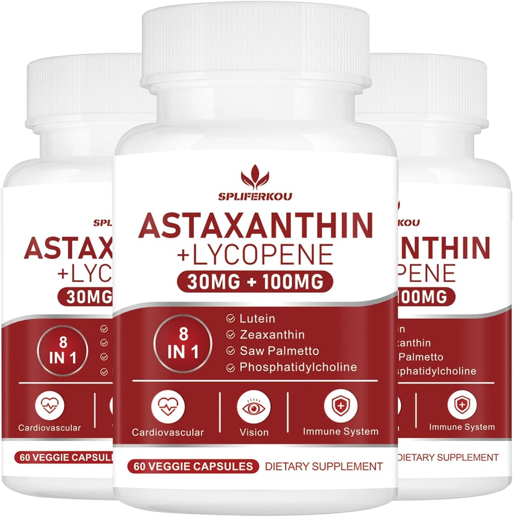 Astaxantina e Licopeno 70mg,Suplemento Astaxantina com Fosfatidilcolina, Luteína e Zeaxantina,Potencial Antioxidantes Suplemento (180 Cápsulas)