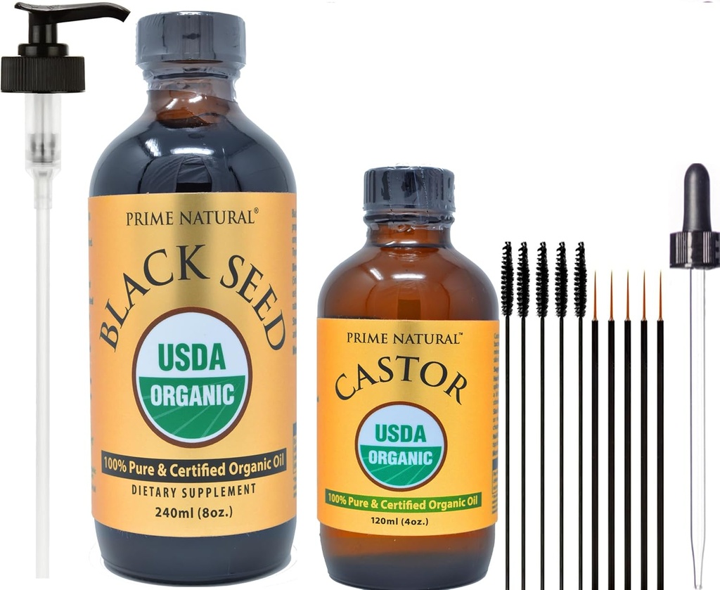 PRIME NATURAL Óleo de semente preta orgânica & óleo de rícino orgânico - 2 pacote de óleo - USDA Certificado - Frio prensado, Virgem, não refinado, Vegan, Não-GMO, Sem conservantes