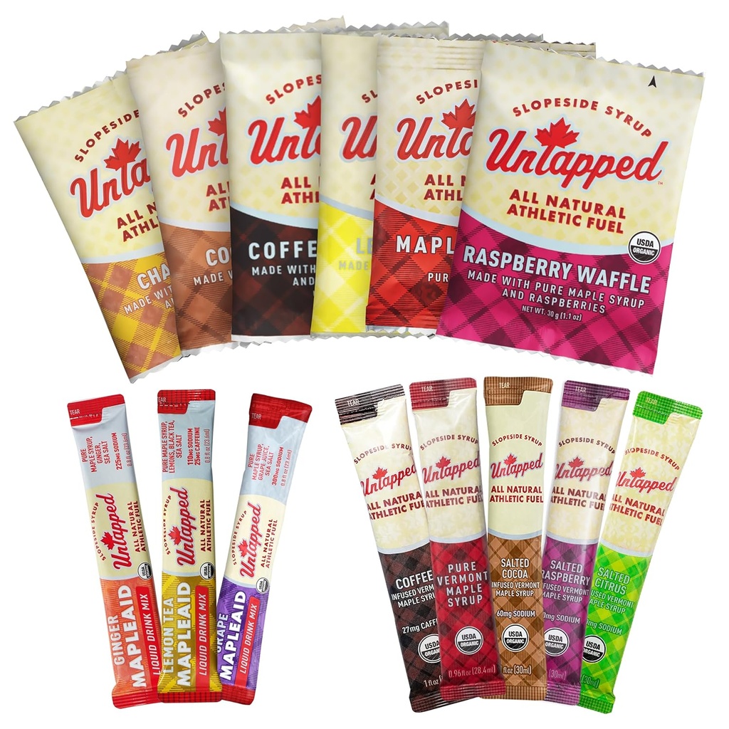 Pacote de Amostras Não Aplicados - 14 Pacotes Envoltos Individualmente Inclui Xarope de Maple All-Natural, Vegan Stroopwafels & Hydration Mixes
