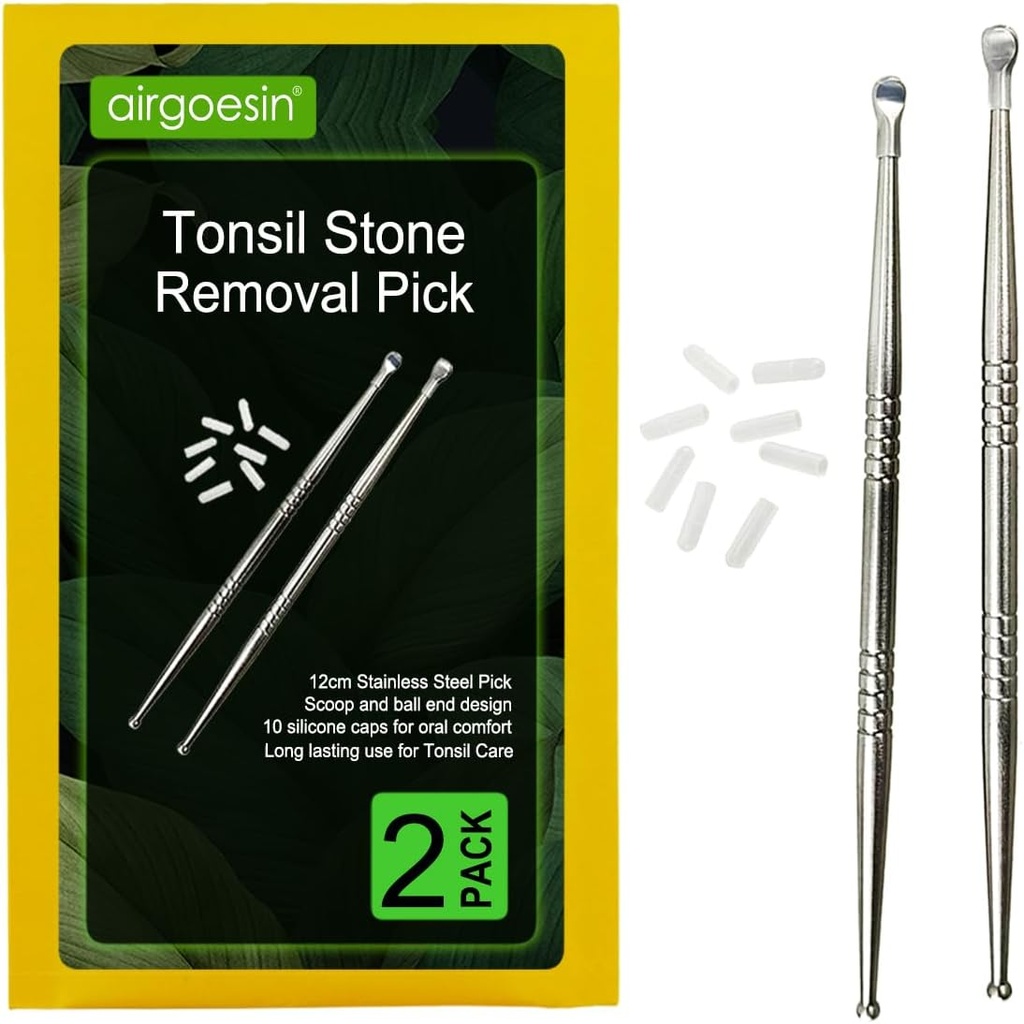 Airgoesin 2pcs remoção de pedra Tonsil Pick Tonsilolith ferramenta Premium limpador oral de aço inoxidável com 10 tampas de silicone macio