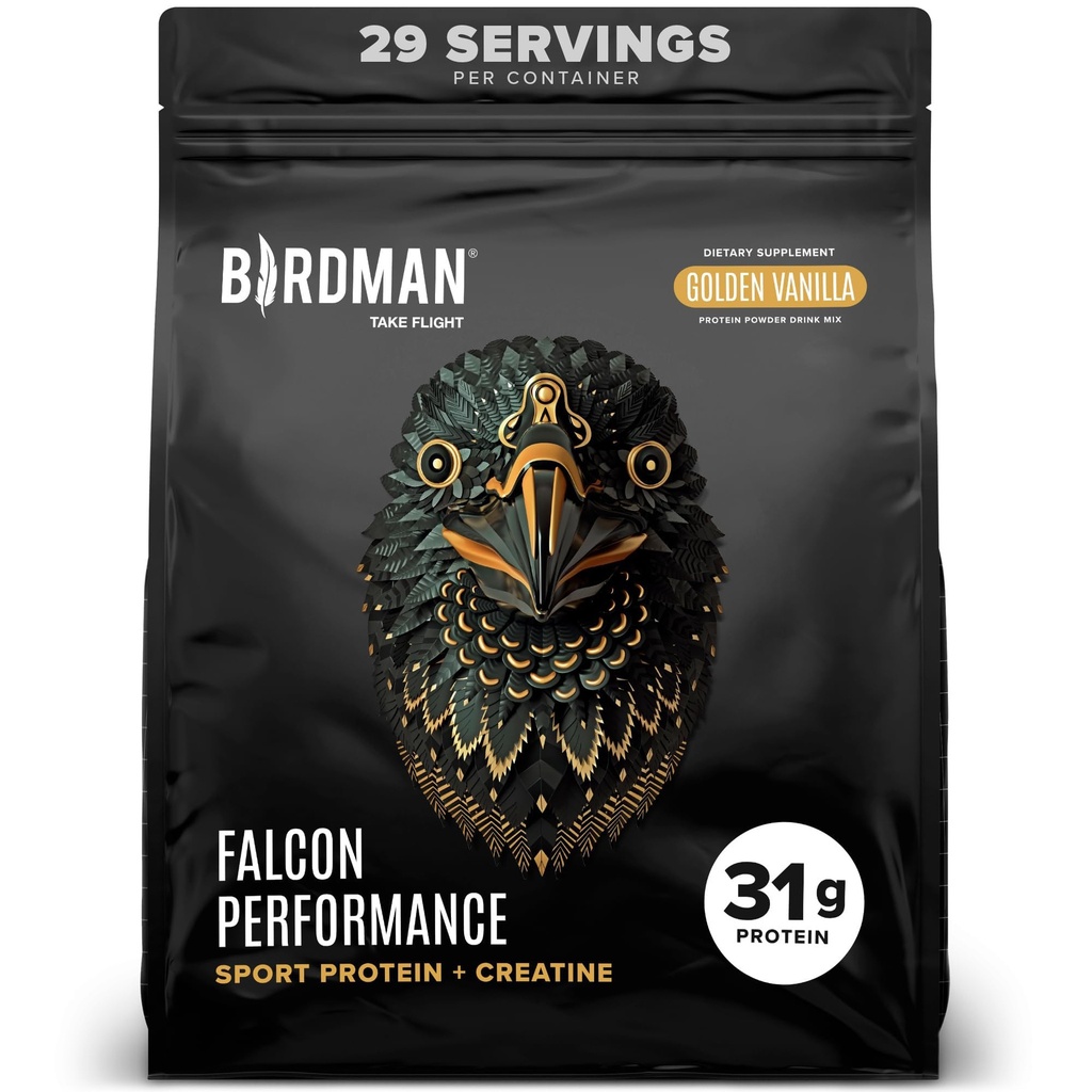 BIRDMAN Falcon Performance Vegan Protein Powder, 31g Protein, 5g Creatina, 5g BCAA, Probióticos, Eletrolíticos, Pré-treino, Baixo carboidrato, Livre de açúcar e leite, Proteína de baunilha baseada em plantas, 29 Servings