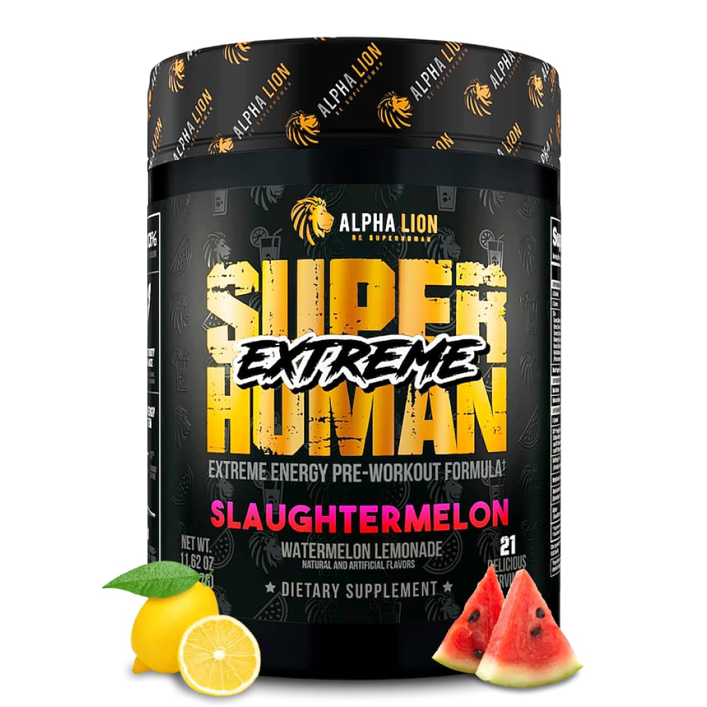 ALPHA LION Superhumano Extremo Stim Pré-treino Pó, Beta Alanine, L-Taurine e 356mg Tri-Fonte Cafeína para Energia Mantida, Óxido nítrico e Citrulina para Bomba (21 Servões, Matadouro)