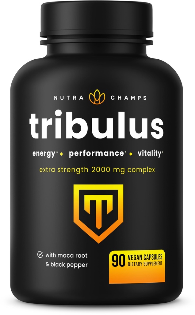 NutraChamps Tribulus Terrestris para homens, 2000mg Suplemento Booster para energia, Vitalidade, resistência e desempenho, Saponinas de força extra, 90 Cápsulas Vegan