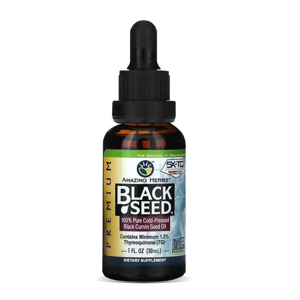 Amazing Herbs Premium Black Seed Oil - Frio Pressed Nigella Sativa Aids em Saúde Digestiva, Suporte Imune, Função Cérebro, Mobilidade Conjunta, Glúten Livre, Não OGM - 1 Fl Oz
