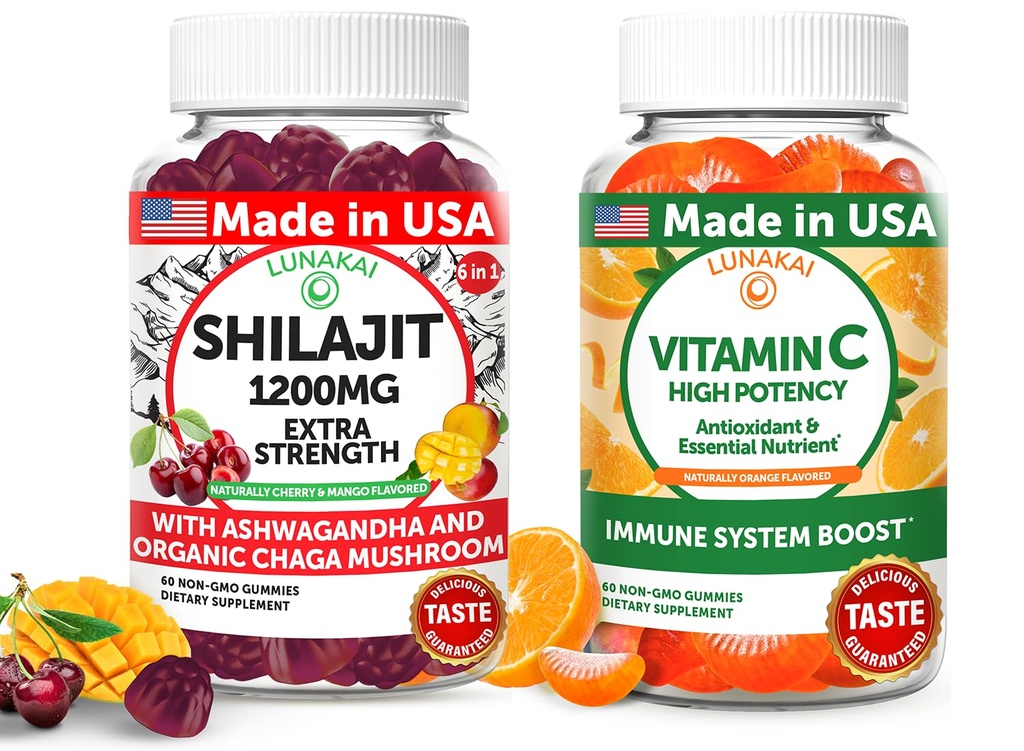 Lunakai EUA fez Shilajit & Vitamina C pacote de pastilhas de alta potência – Energia e suporte imunológico – Não-GMO & Delicious