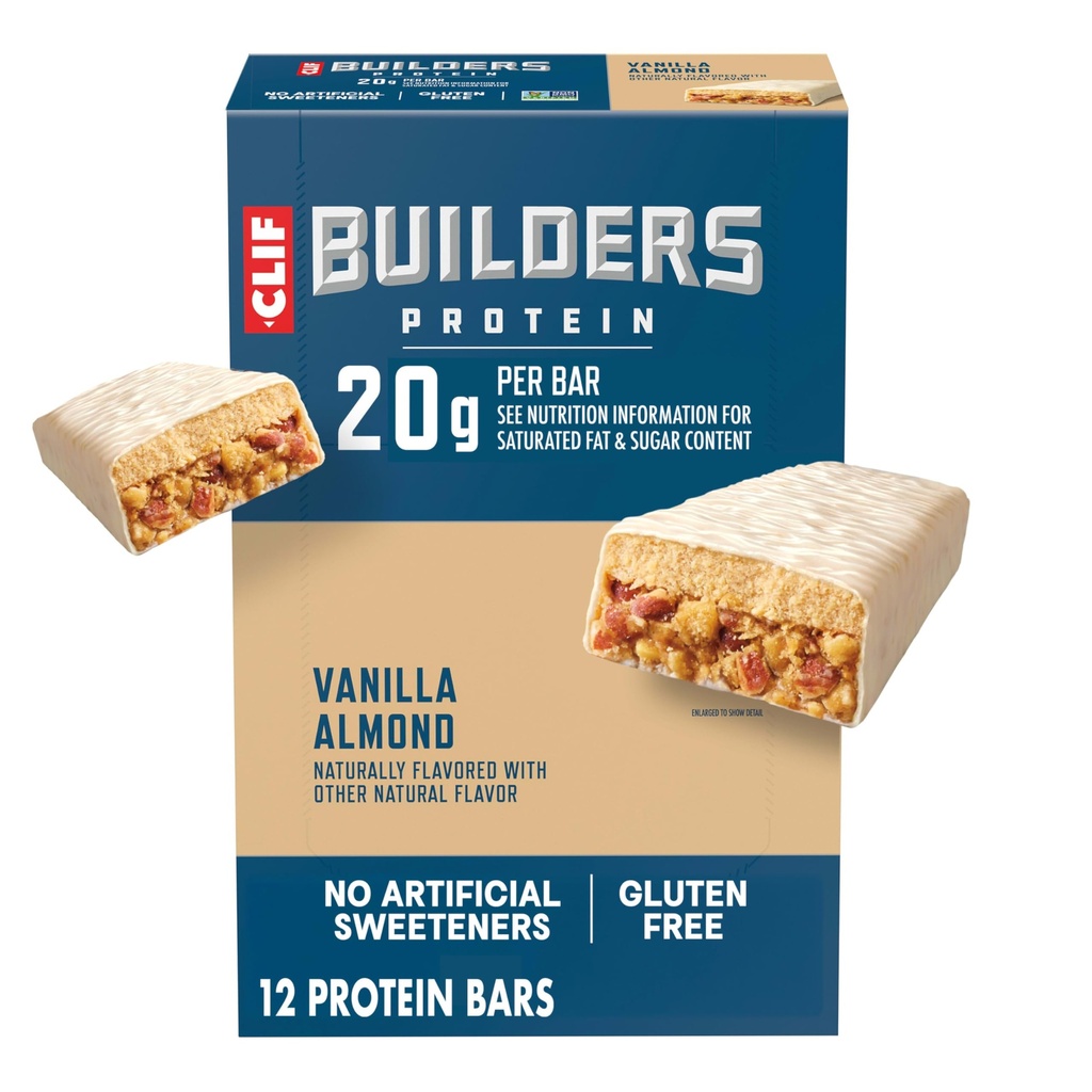 CLIF Builders Protein Bars - Vanilla Almond Flavor - 20g Proteína Baseada em Planta - Gluten Free - Non-GMO - Low Glicemia - No Artificial Sweeteners - 2.4 oz. (12 Pack)