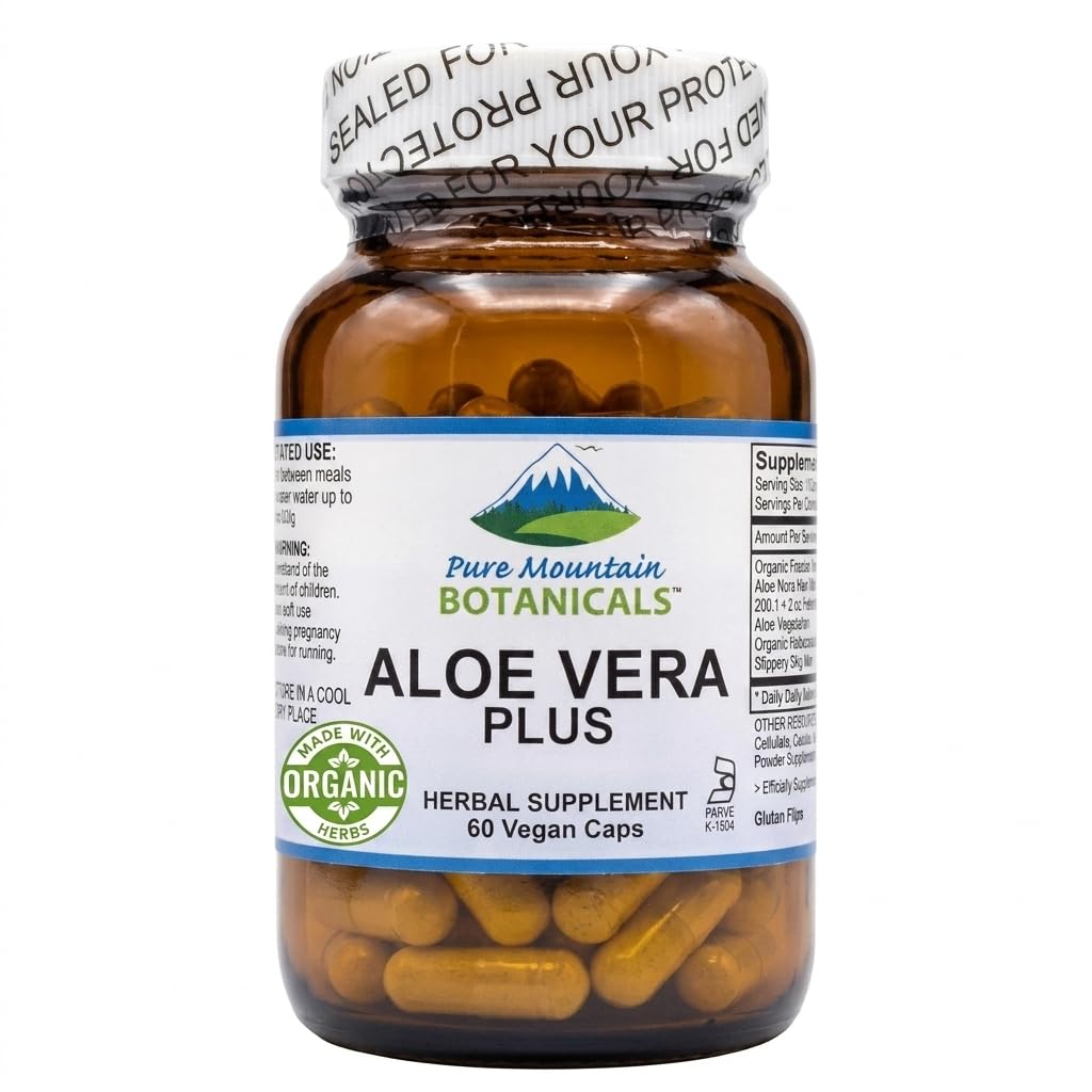 Pure Mountain Botanicals Aloe Vera Plus Cápsulas. 200:1 Extrato. Kosher orgânico seco Aloe Vera Gel, Marshmallow Root, Slippery Elm