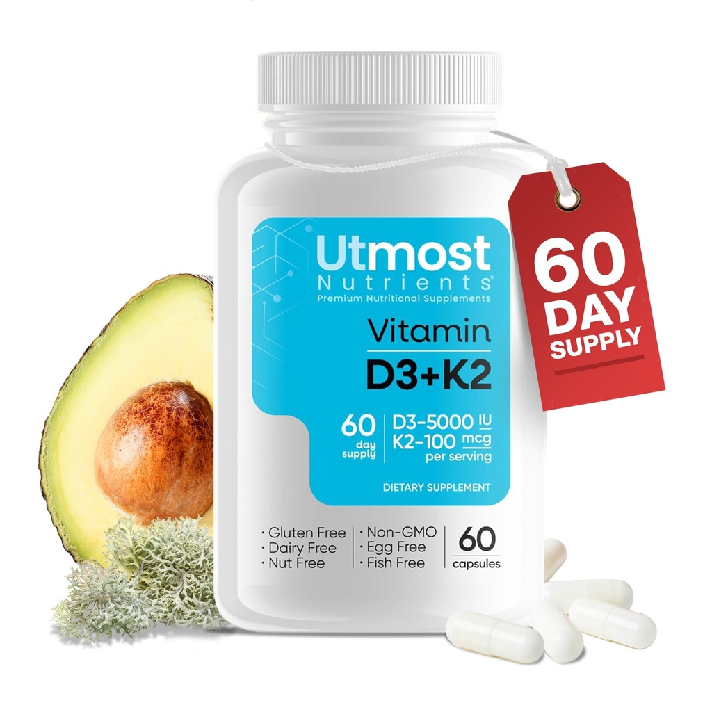 Vitamina D3 com K2-5000iu Vitamina D e 100 mcg Suplemento K em uma cápsula para máxima biodisponibilidade - Aumenta a Absorção de Cálcio para Saúde Cardiovascular, Imune e Osso (60 Cápsulas)